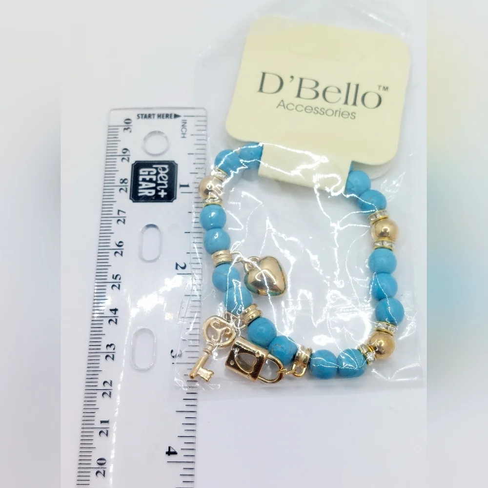 D'Bello Beaded Blue Lock,‎ Key, and Heart Stretchy Bracelet